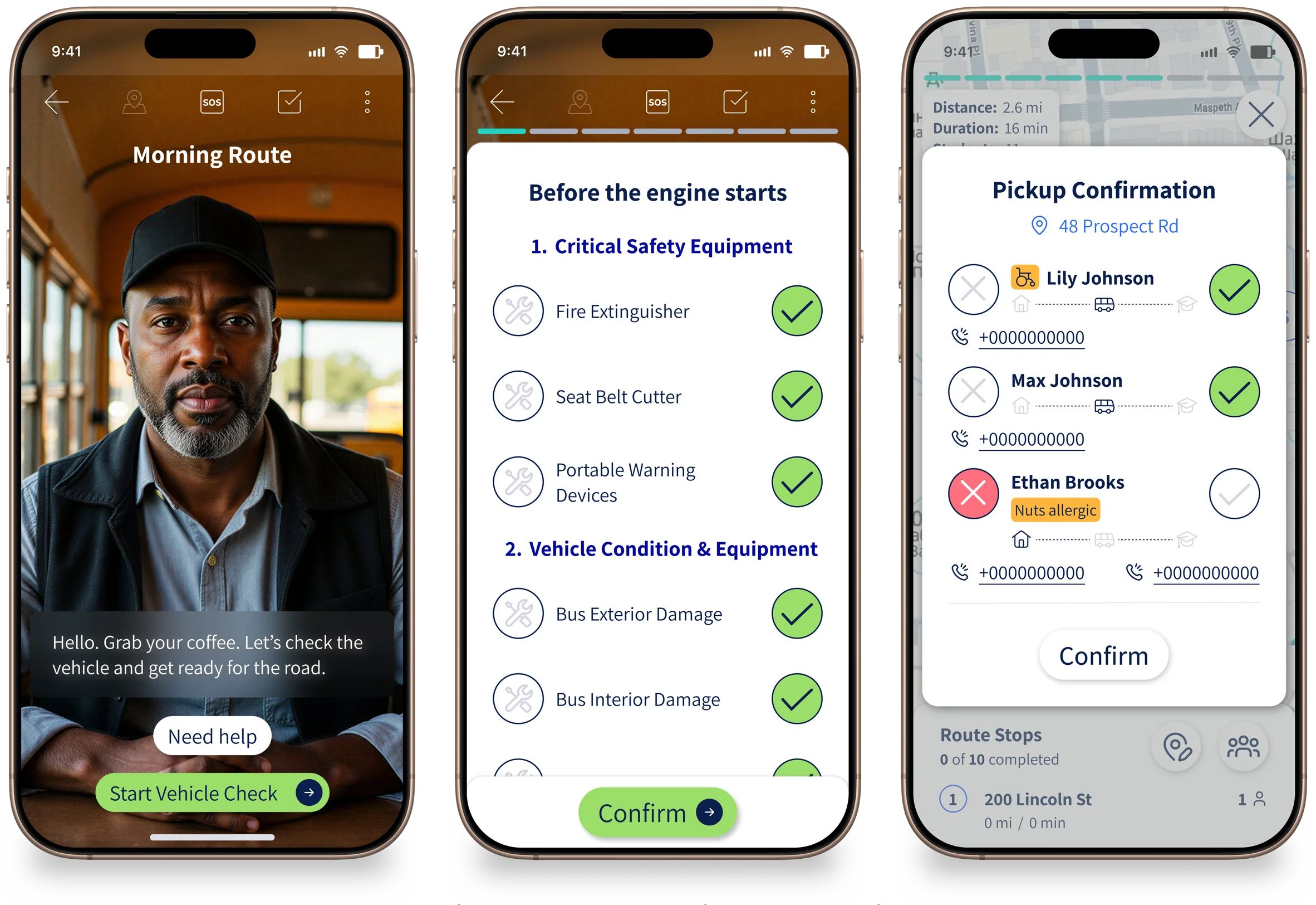 WeOrda driver app: start-of-day greeting, guided vehicle inspection checklist, and student pickup confirmation