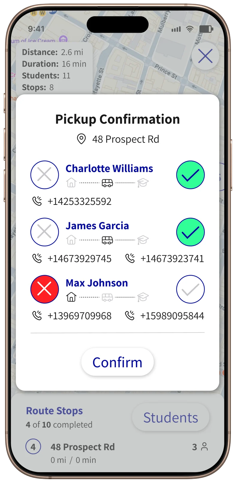 Weorda mobile app student pickup confirmation