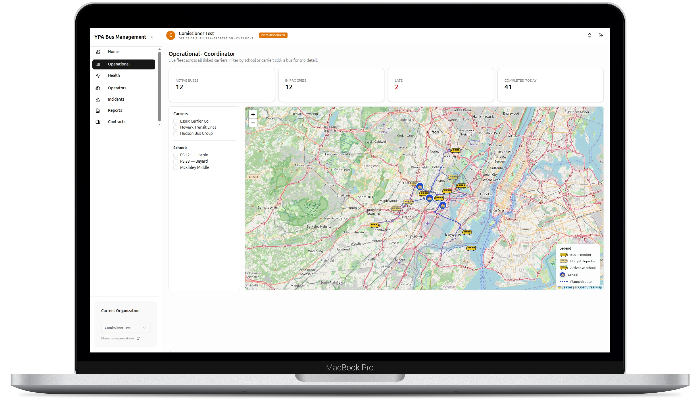 Weorda office dashboard showing live bus tracking on a map