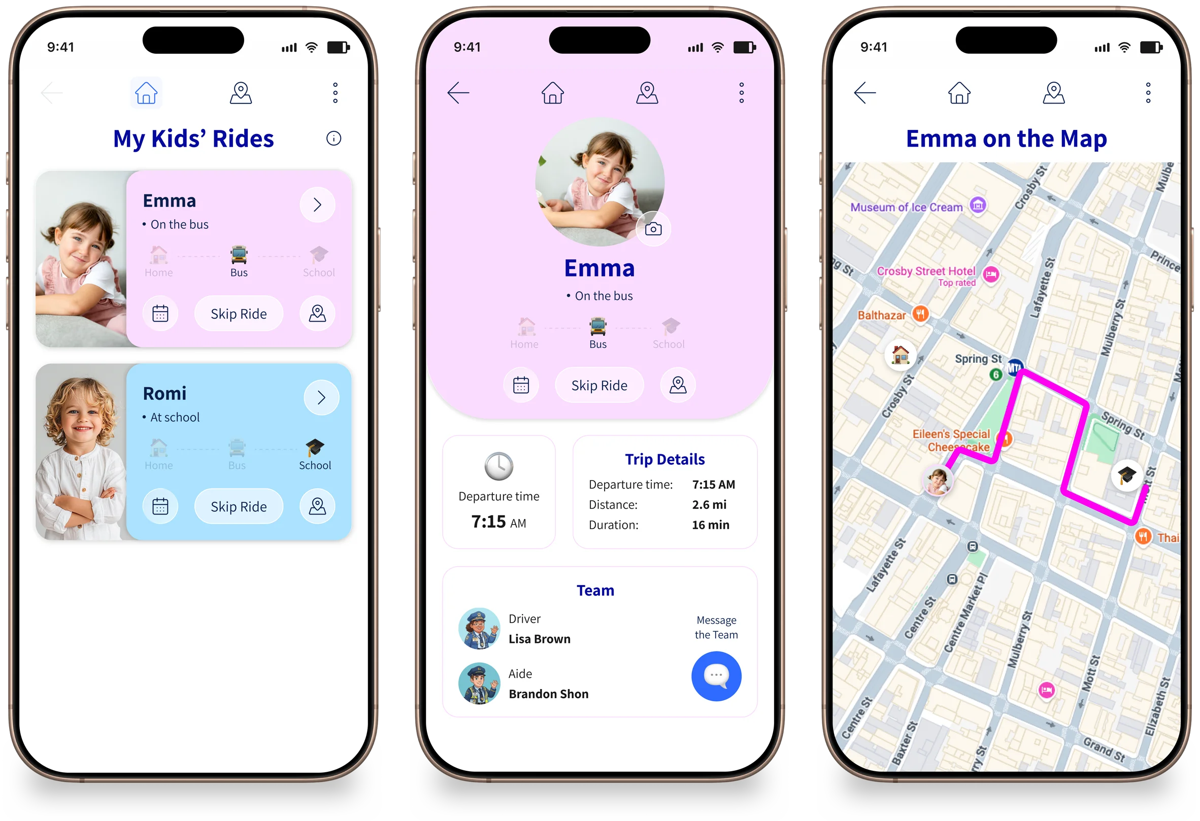 WeOrda Parents app: each child's ride status, the child profile with trip details and team, and the bus live on the map