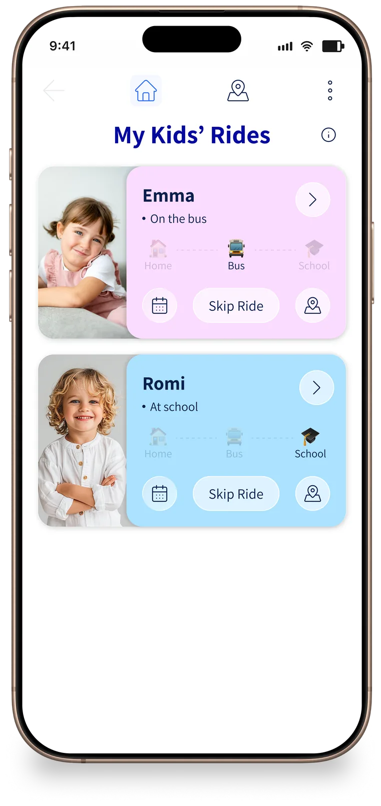 WeOrda Parents app: each child's ride status, on the bus or at school, with a skip-ride button